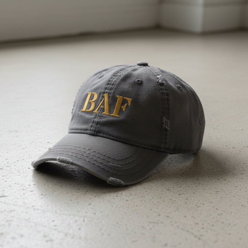 distressed dad hat with the text BAF for bagram airfield 