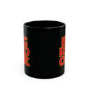 Big red one words on a black 11oz coffee mug. 