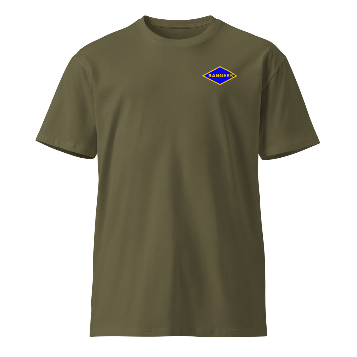 green t-shirt with blue ranger diamond on left chest