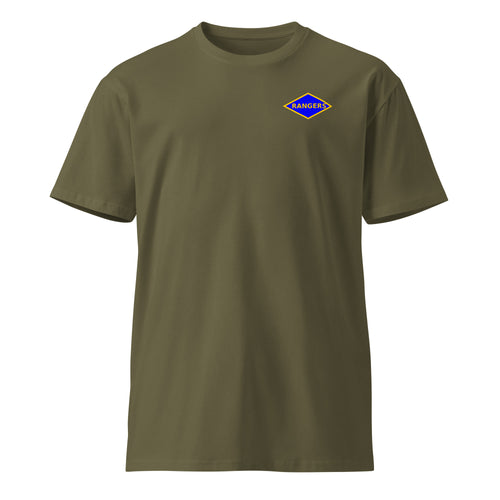 green t-shirt with blue ranger diamond on left chest