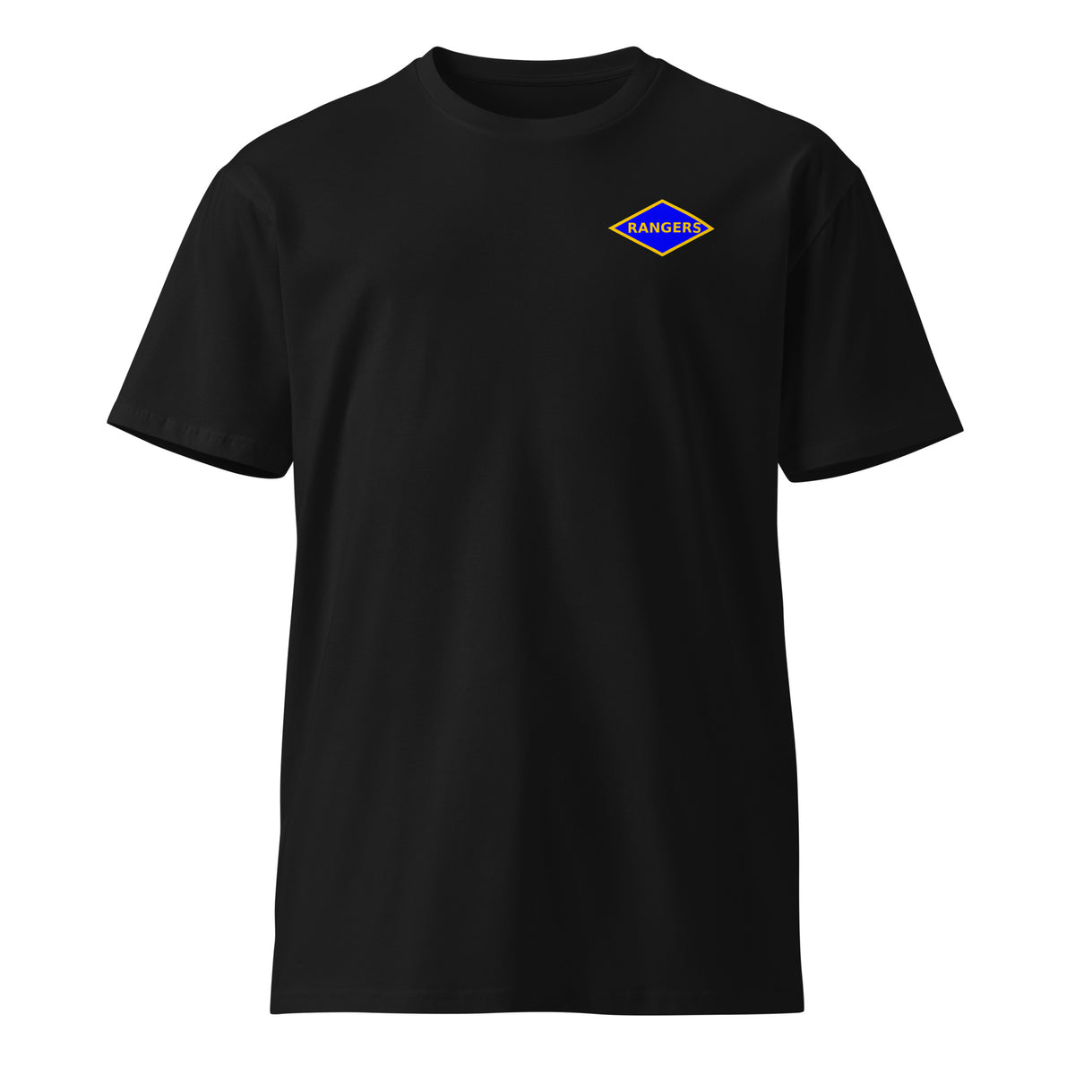 black t-shirt with blue ranger diamond on left chest