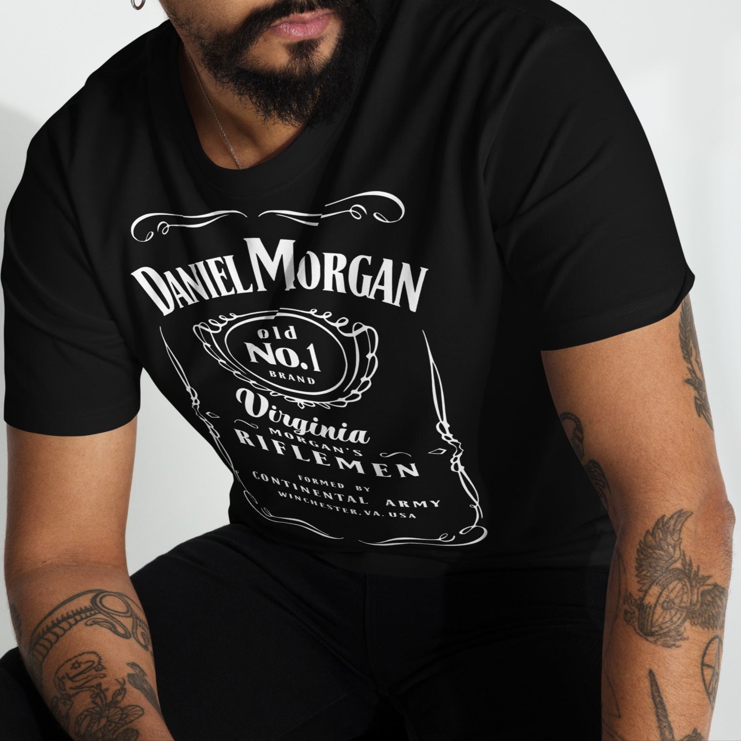 Black t-shirt with daniel morgan jack daniel's whiskey design 