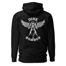 black hoodie with "dive bomber" text and skull with wings
