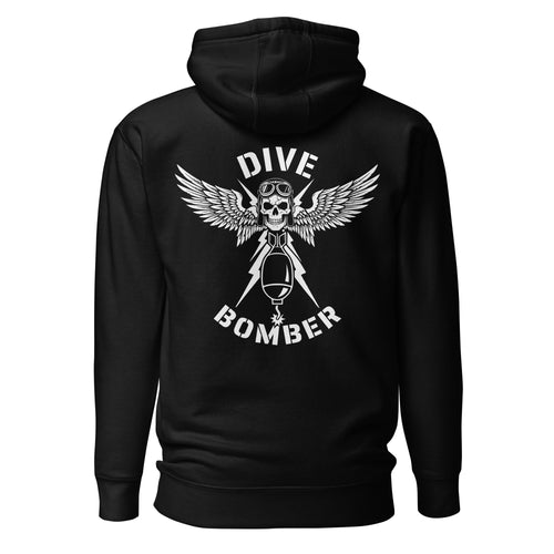 black hoodie with "dive bomber" text and skull with wings