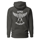 grey hoodie with "dive bomber" text and skull with wings