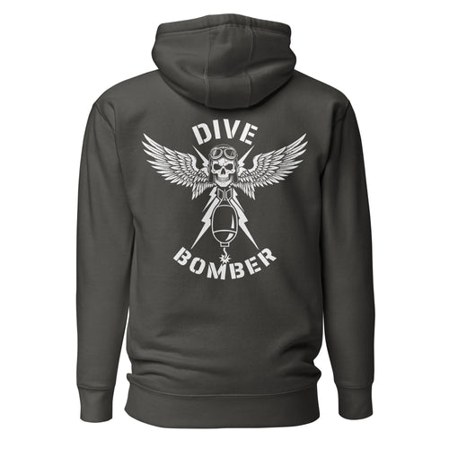 grey hoodie with "dive bomber" text and skull with wings