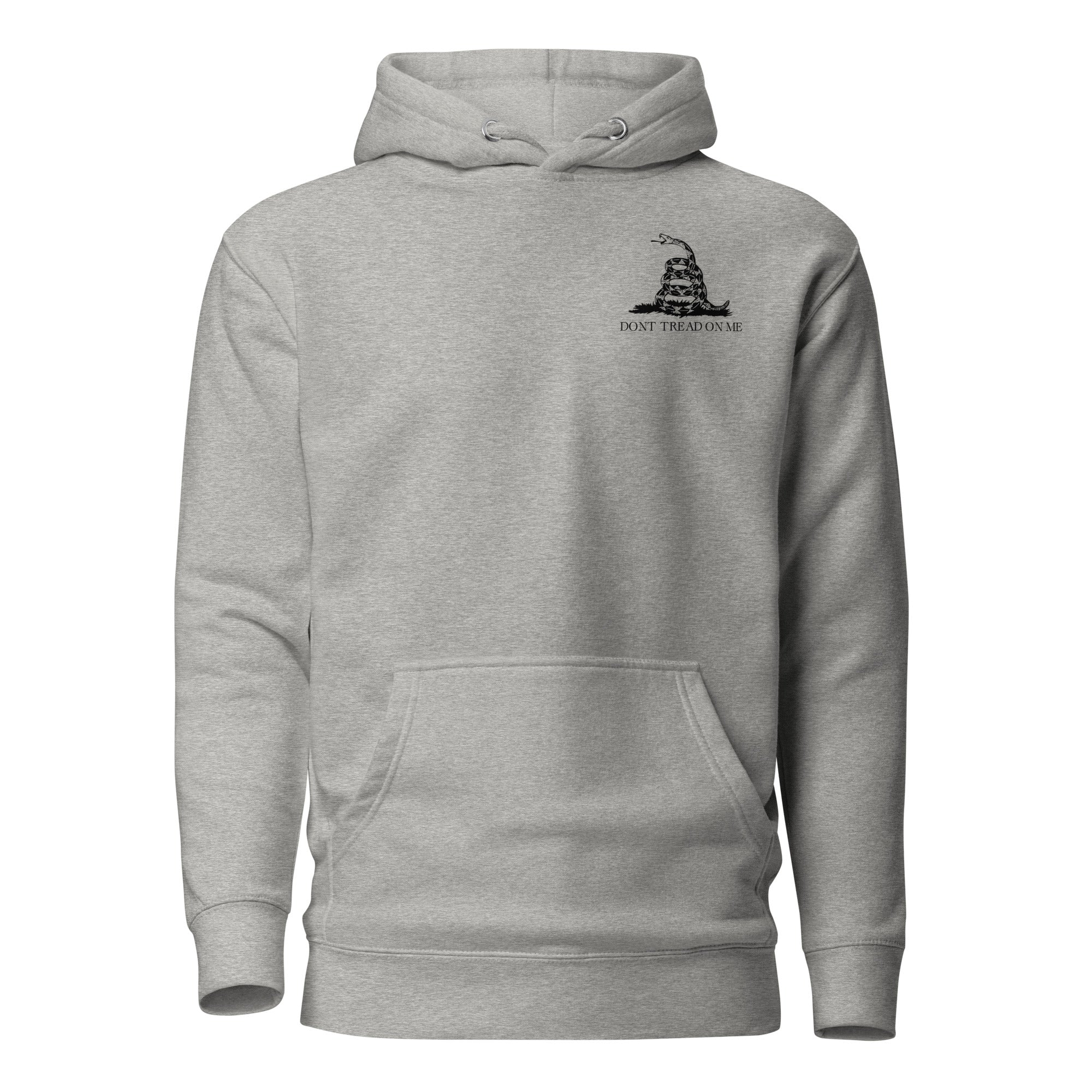 hoodie with don't tread on me Gadsden flag design on the left chest