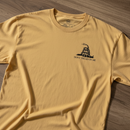 Men's heavyweight tee with don't tread on me gadsden flag on left chest