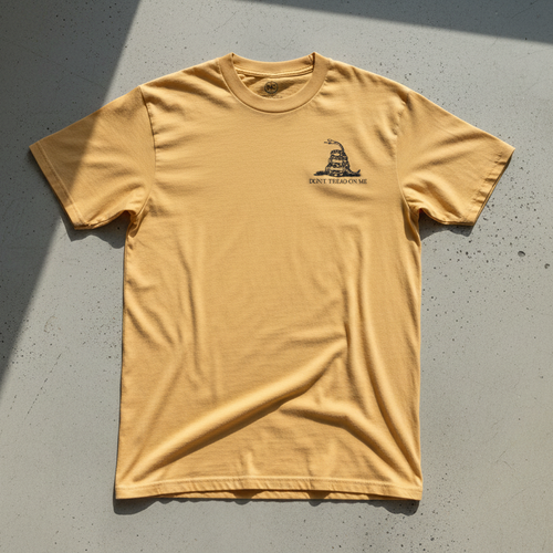 Men's heavyweight tee with don't tread on me gadsden flag on left chest