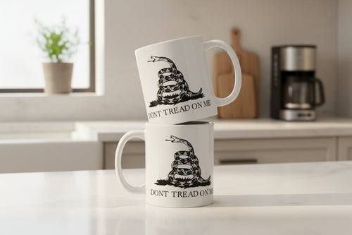white coffee mug with don't tread on me gadsden flag design on both sides