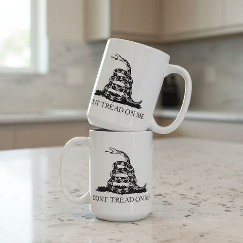 white coffee mug with don't tread on me gadsden flag design on both sides