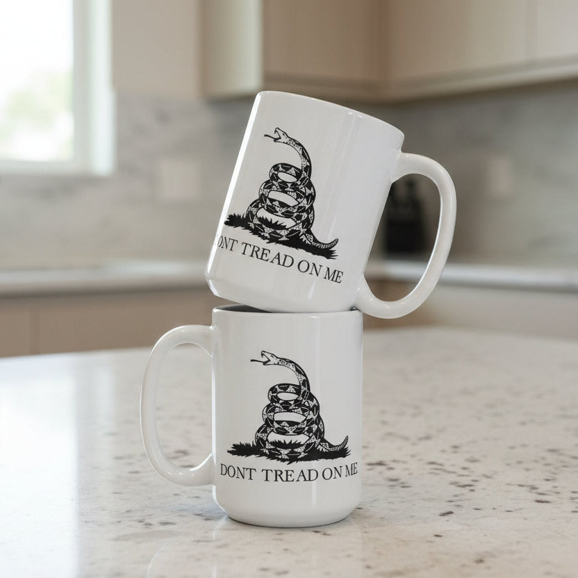 white coffee mug with don't tread on me gadsden flag design on both sides