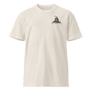 army green shirt with don't tread on me design on the left chest