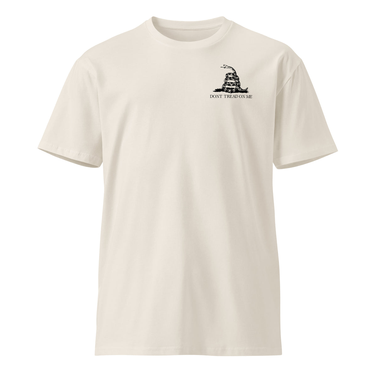 army green shirt with don't tread on me design on the left chest
