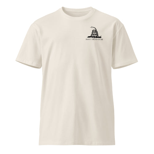 army green shirt with don't tread on me design on the left chest