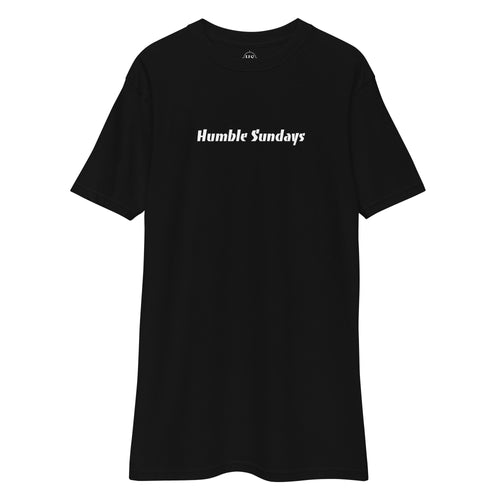 black t-shirt with text "humble sundays" across the chest