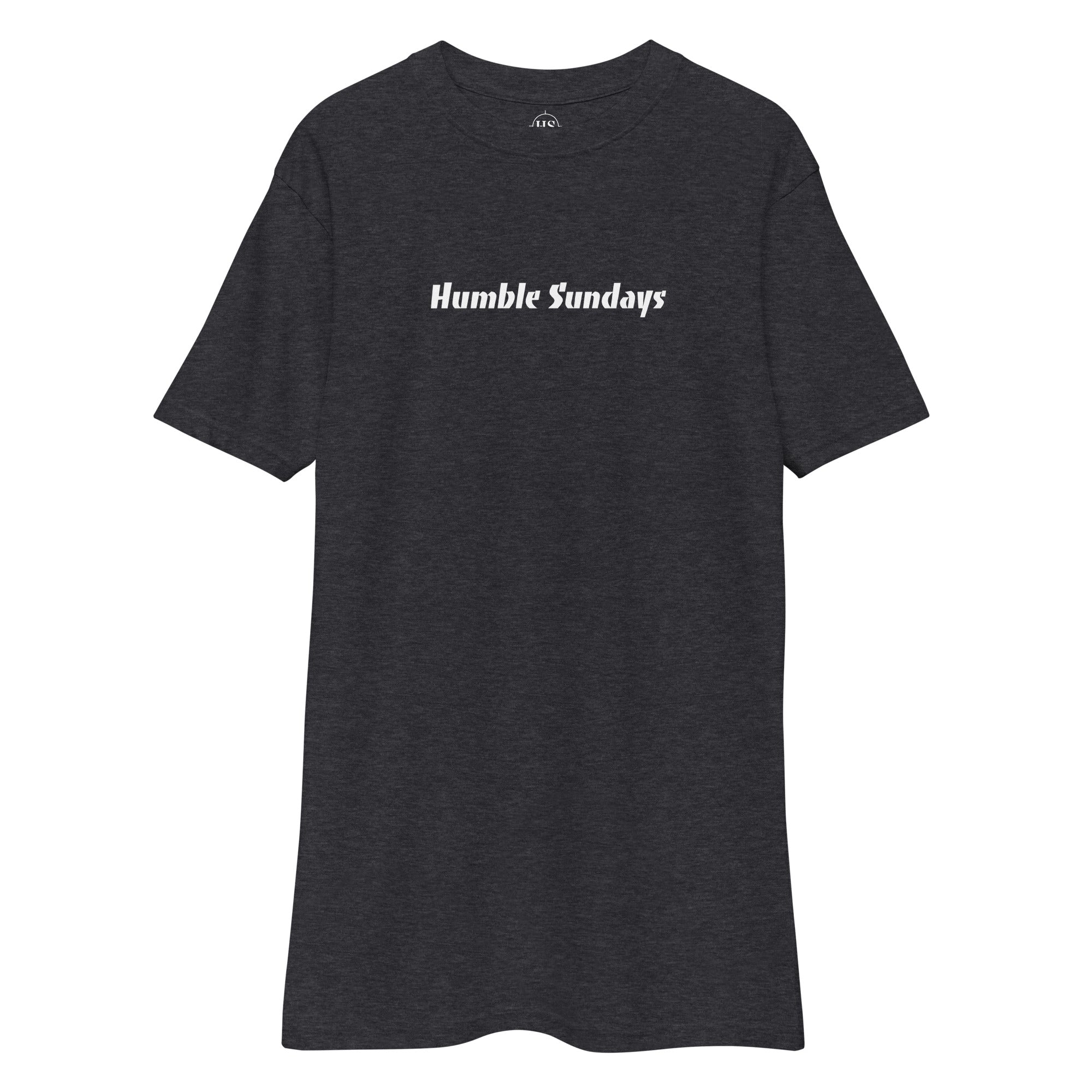 charcoal t-shirt with text "humble sundays" across the chest