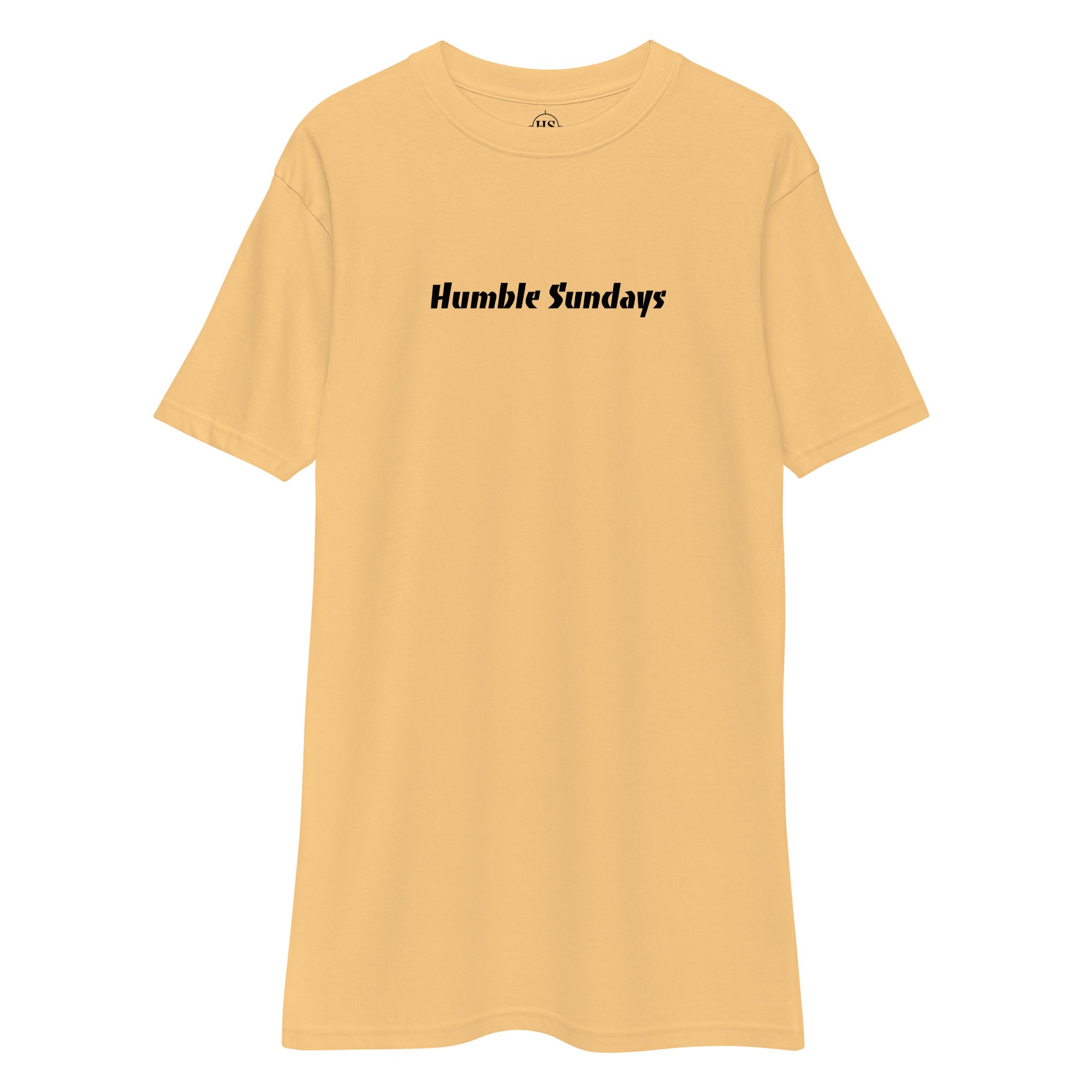 gold t-shirt with text "humble sundays" across the chest