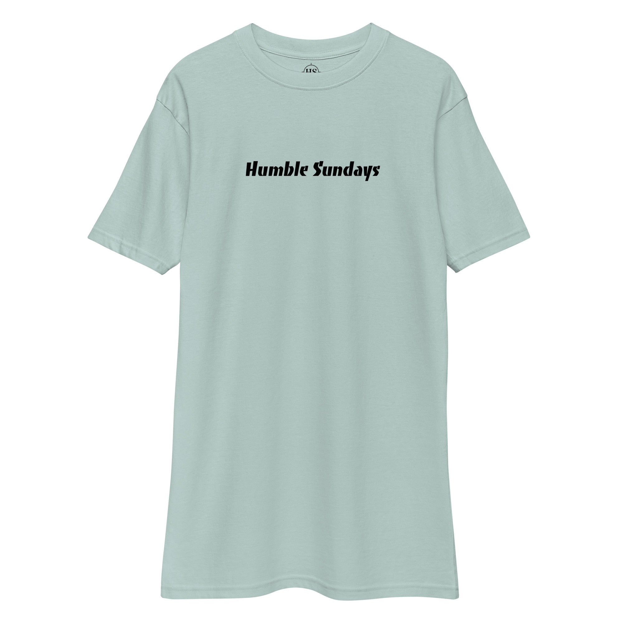 light blue t-shirt with text "humble sundays" across the chest