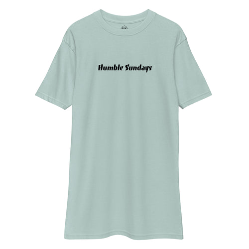 light blue t-shirt with text "humble sundays" across the chest