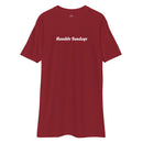 red t-shirt with text "humble sundays" across the chest