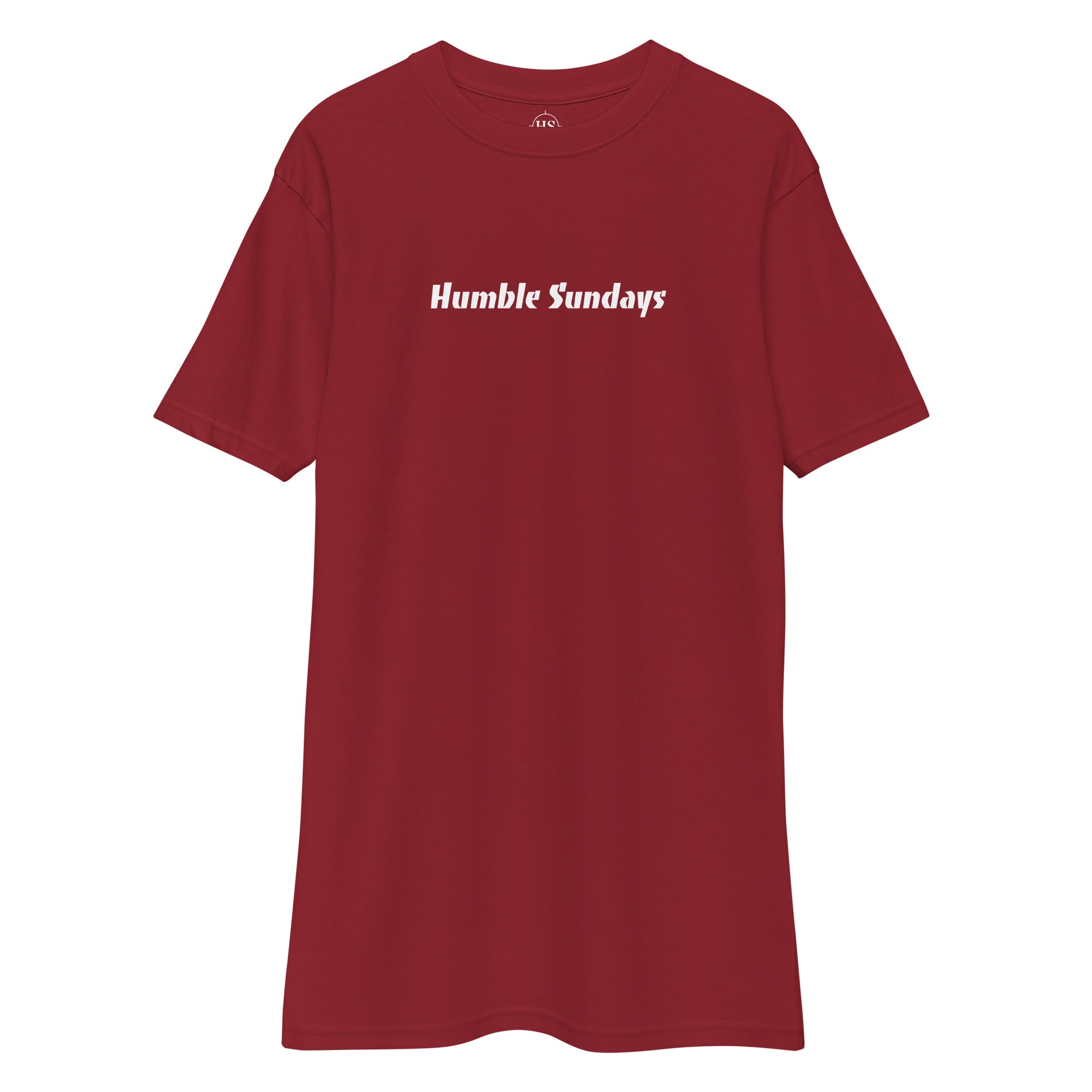red t-shirt with text "humble sundays" across the chest