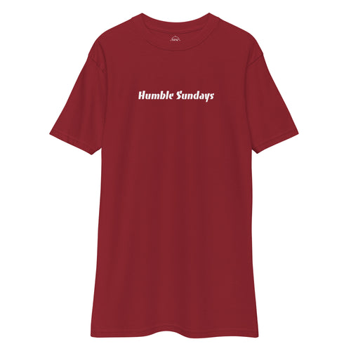 red t-shirt with text "humble sundays" across the chest