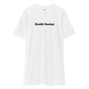 white t-shirt with text "humble sundays" across the chest
