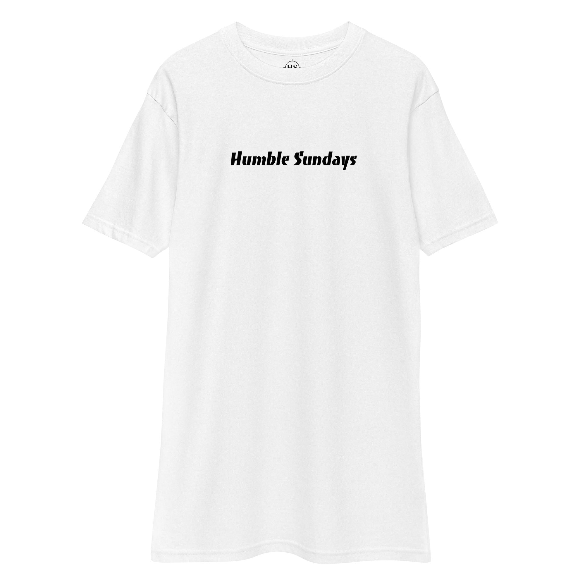 white t-shirt with text "humble sundays" across the chest