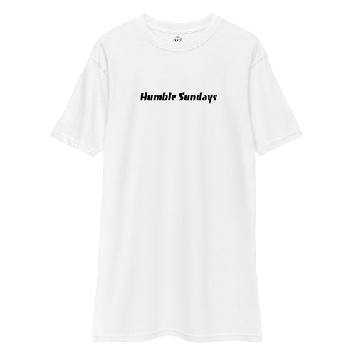 white t-shirt with text "humble sundays" across the chest