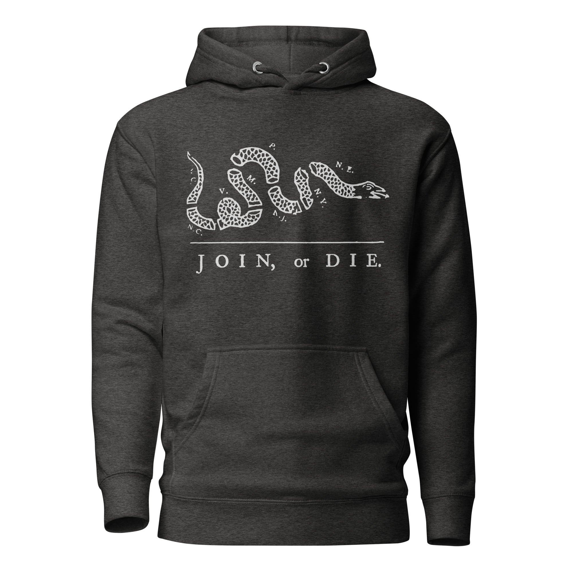 charcoal hoodie with join or die snake design