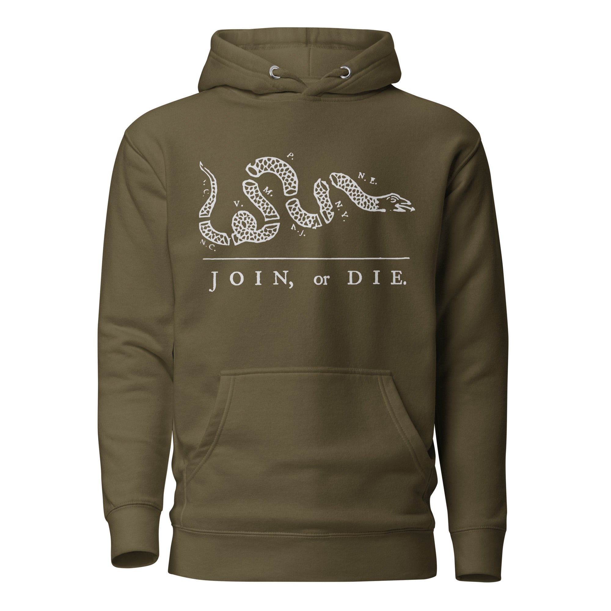 charcoal hoodie with join or die snake design