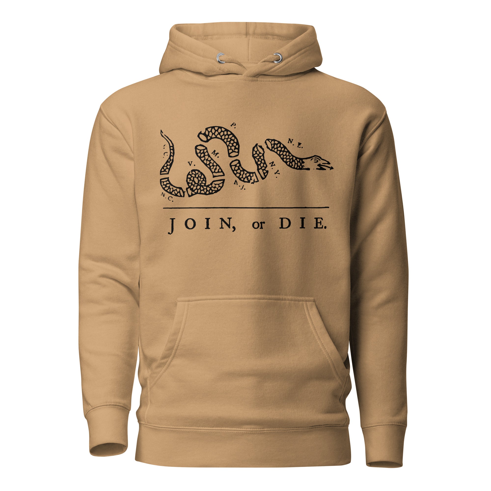 khaki hoodie with join or die snake design