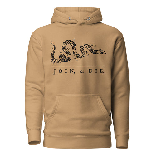 khaki hoodie with join or die snake design