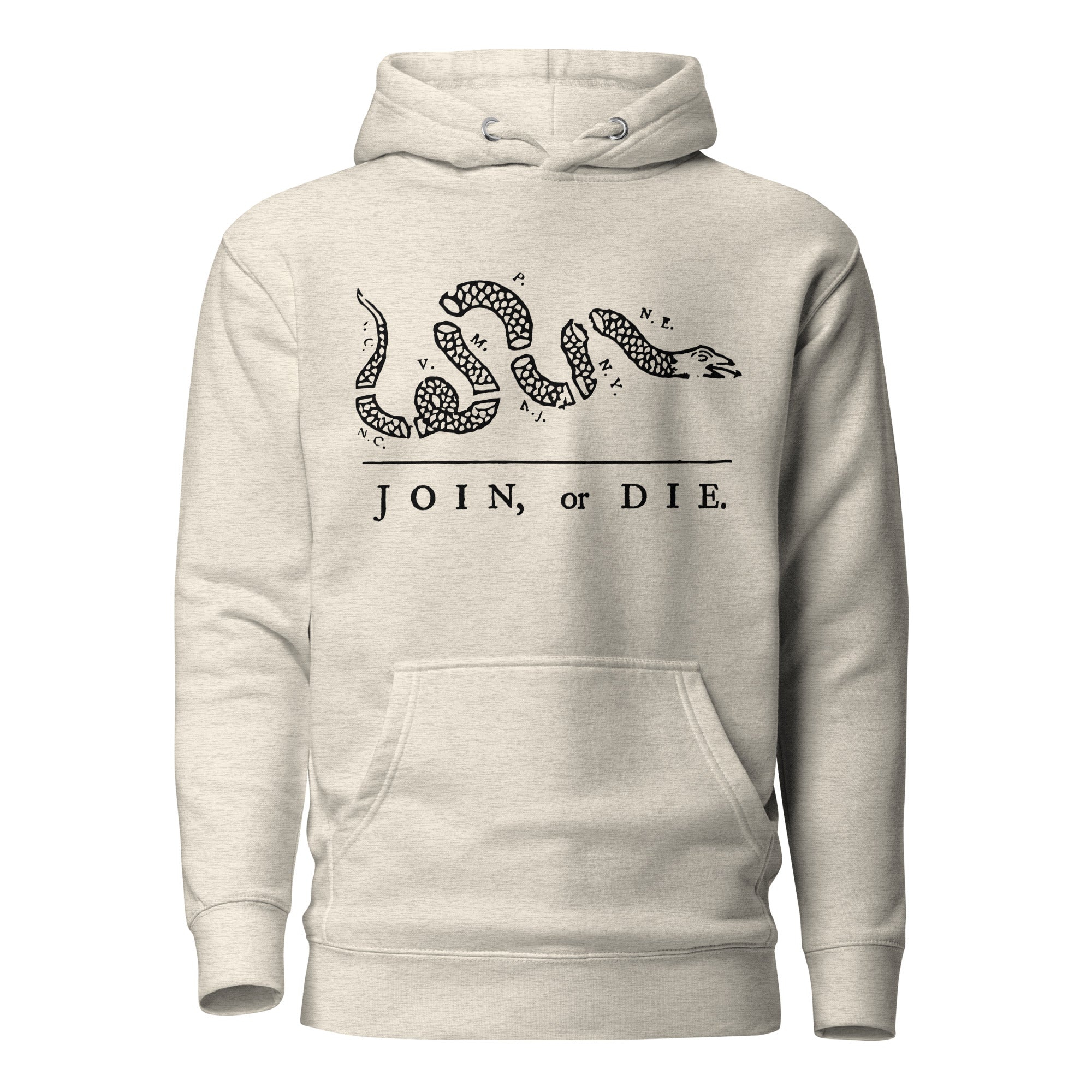 oatmeal hoodie with join or die snake design