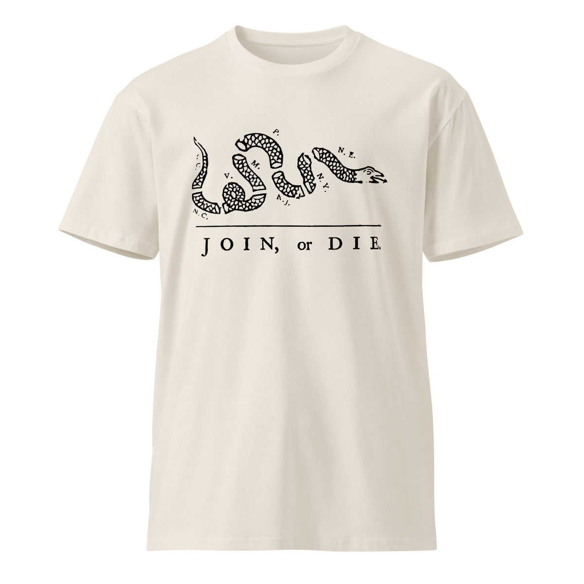 bone colored shirt with join or die design 