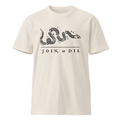 bone colored shirt with join or die design 