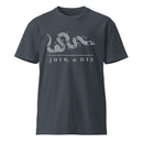 blue shirt with join or die design 