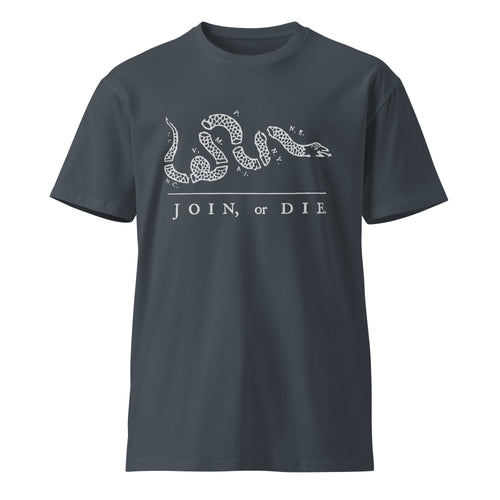 blue shirt with join or die design 