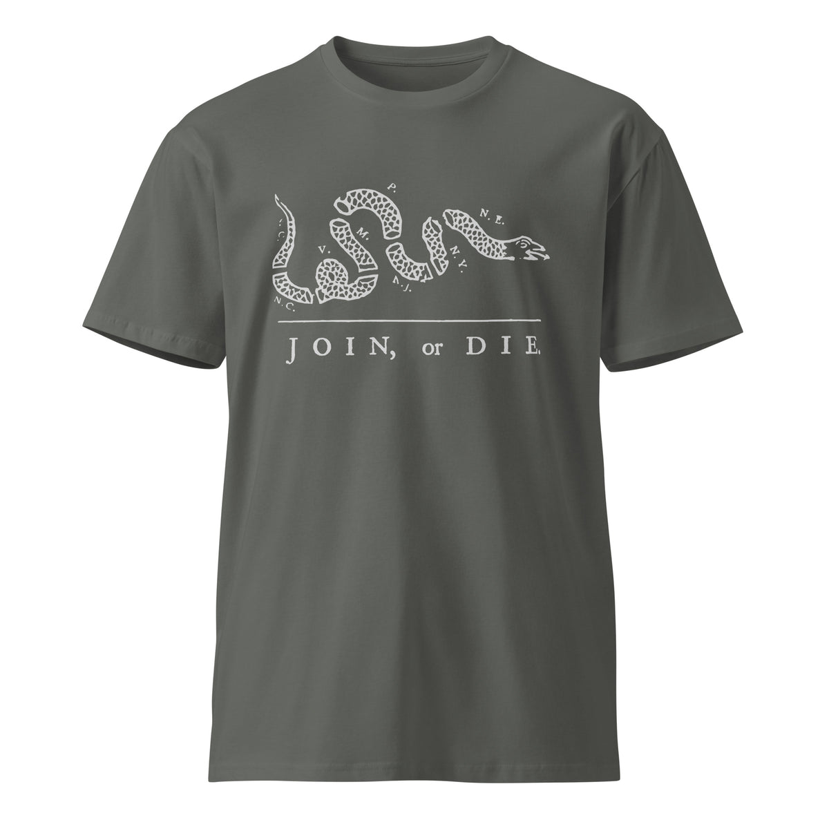 charcoal shirt with join or die design 