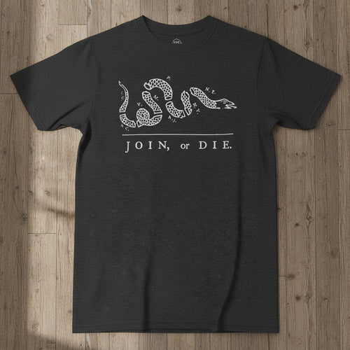 charcoal t-shirt with join or die design