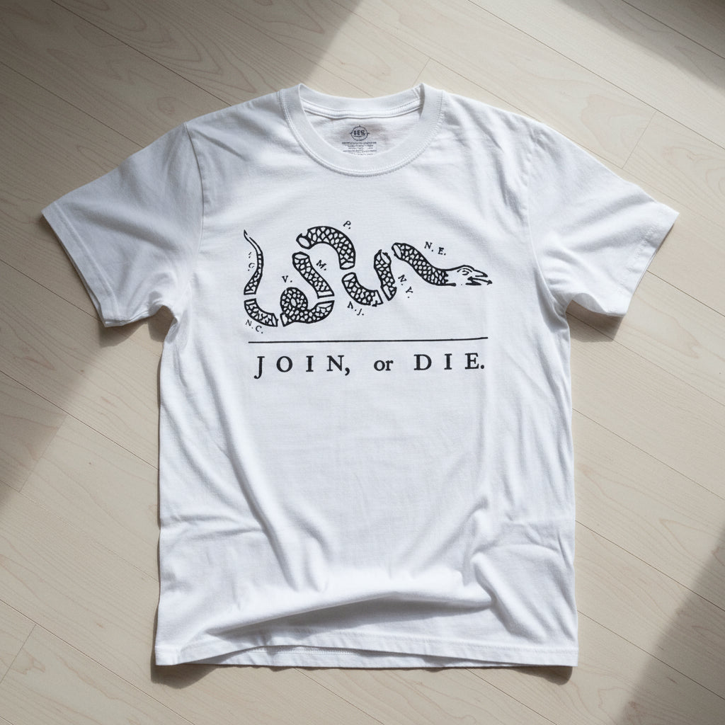 white t-shirt with join or die design