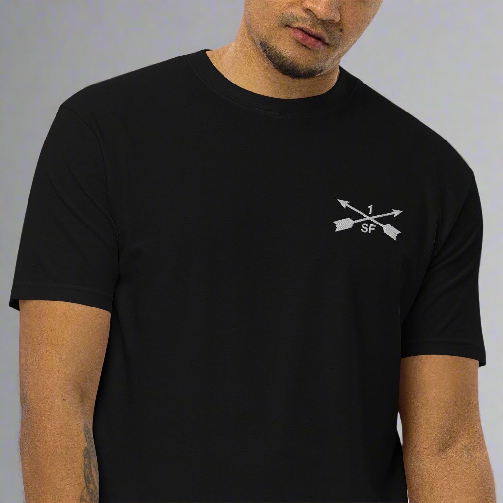 1st special forces group embroidered design on a men's t-shirt.