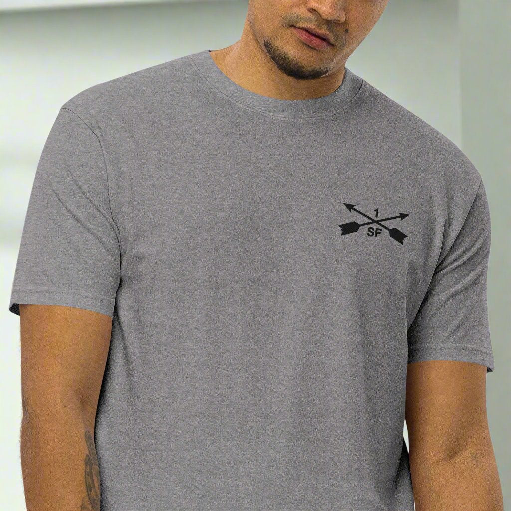 1st special forces group embroidered design on a men's t-shirt.