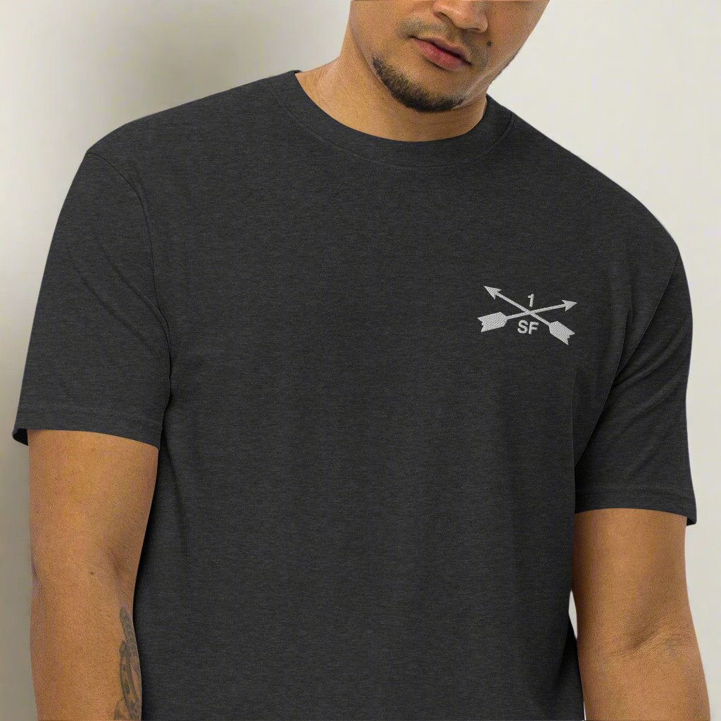 1st special forces group embroidered design on a men's t-shirt.