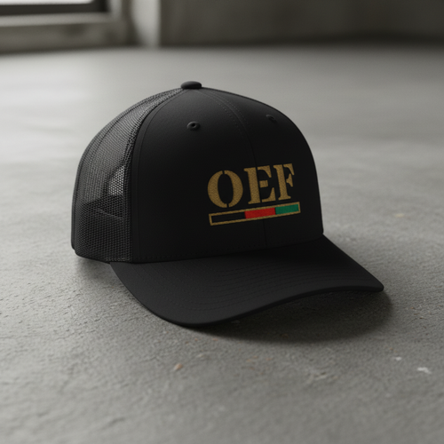 black trucker hat with text 'OEF' embroidered