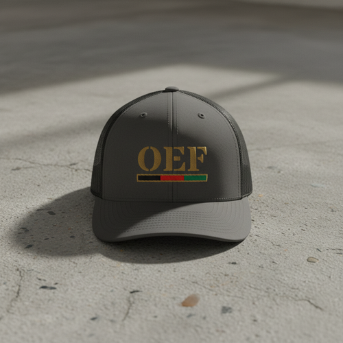charcoal trucker hat with text 'OEF' embroidered