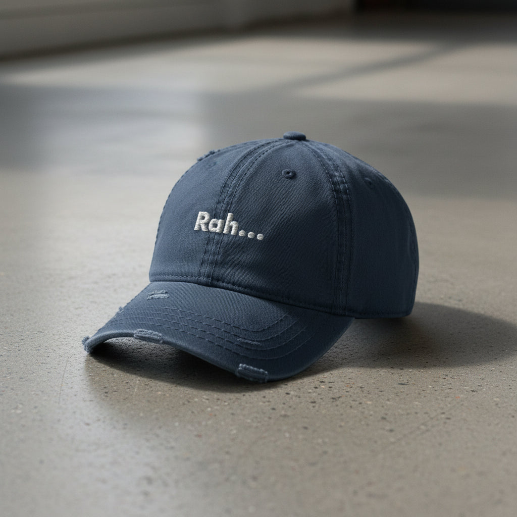 navy distressed dad hat with embroidered text "Rah" 