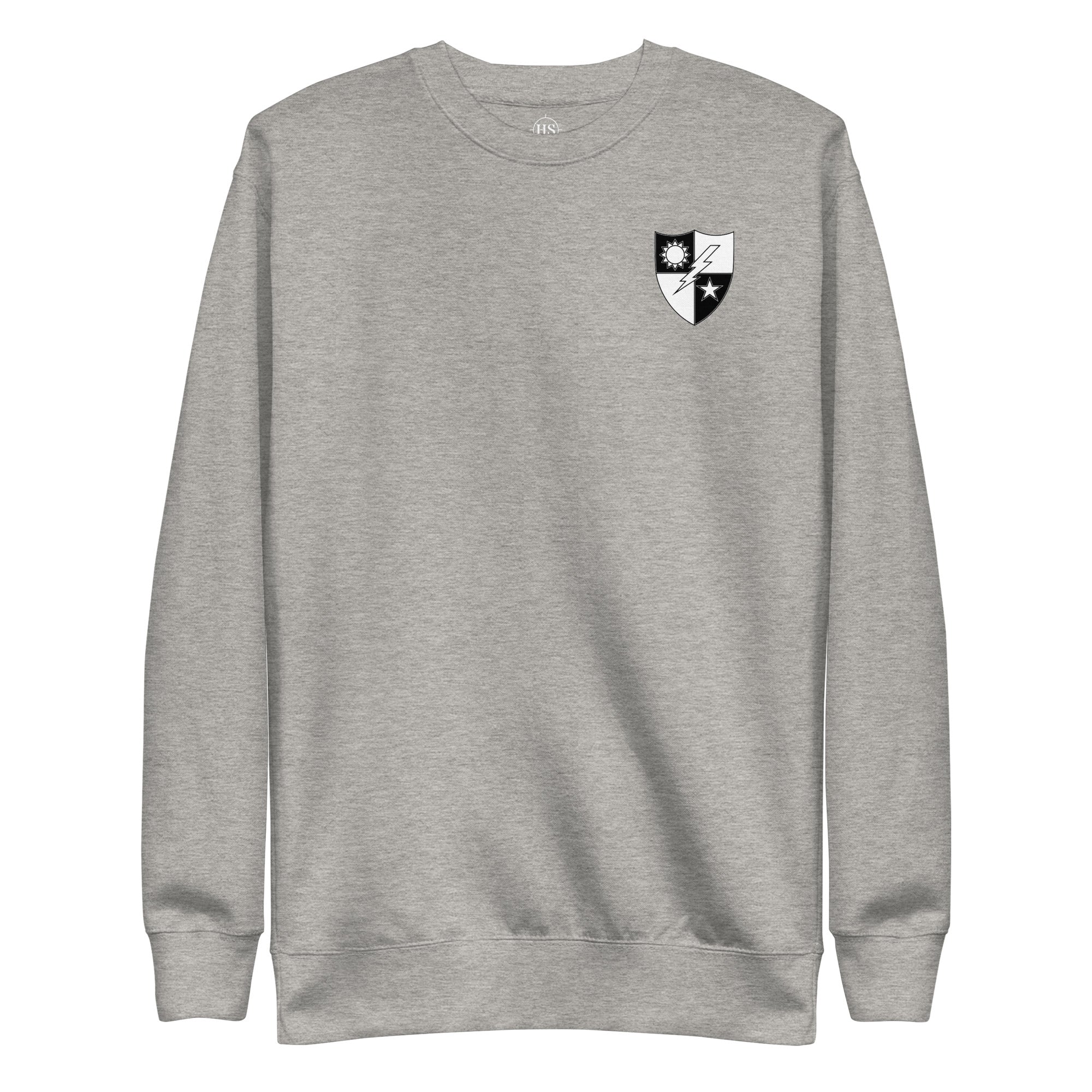 grey sweatshirt with a sleek black and white design of the 75th Ranger Regiment DUI