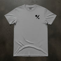 grey t-shirt with army ranger insignia on the left chest